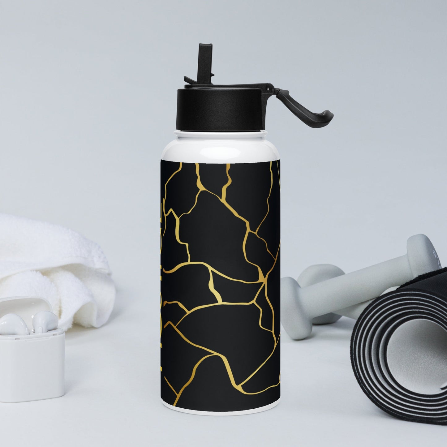 Bouteille d'eau Prestige⢠en acier inoxydable Noir et Or Filament avec paille - Prestige SXM