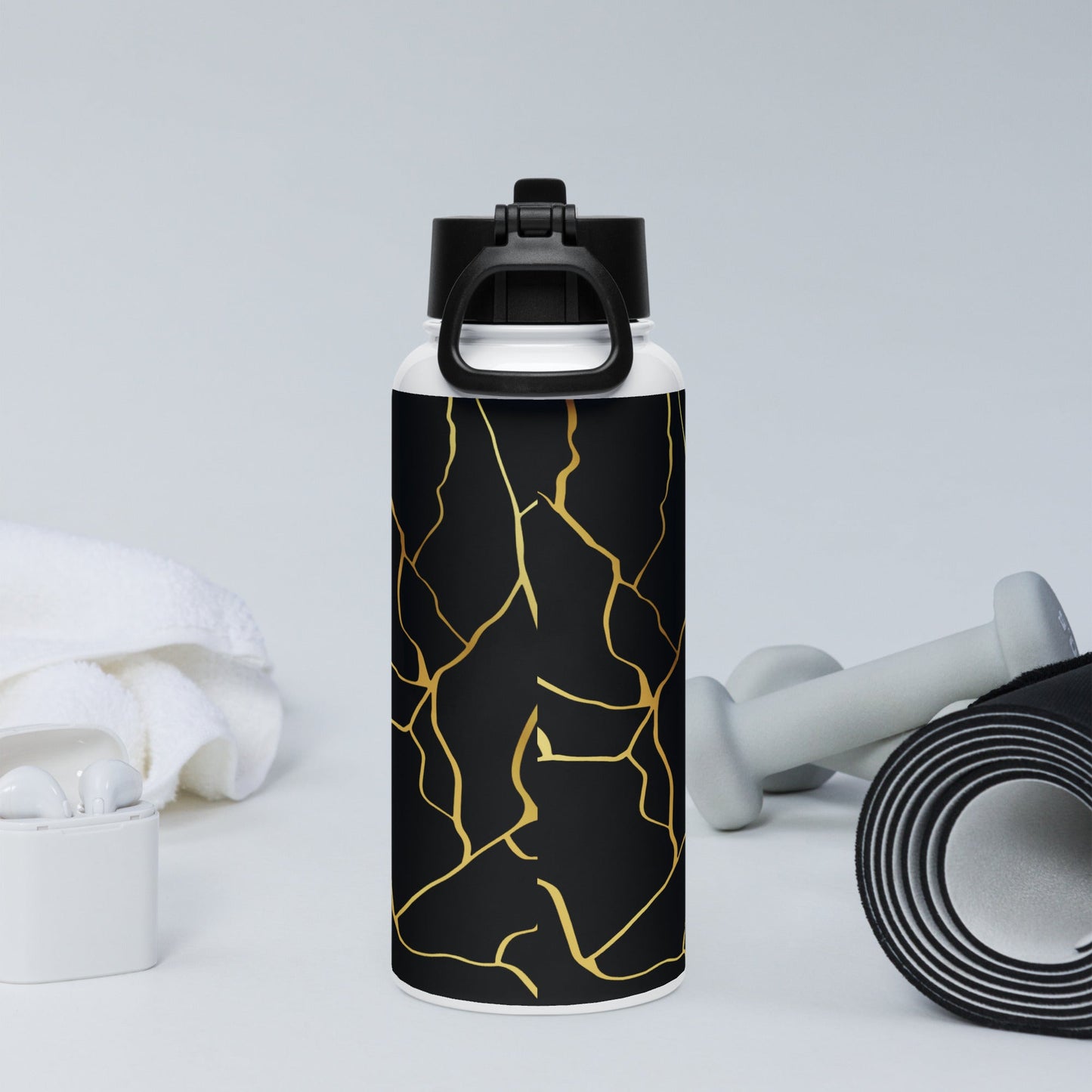 Bouteille d'eau Prestige⢠en acier inoxydable Noir et Or Filament avec paille - Prestige SXM