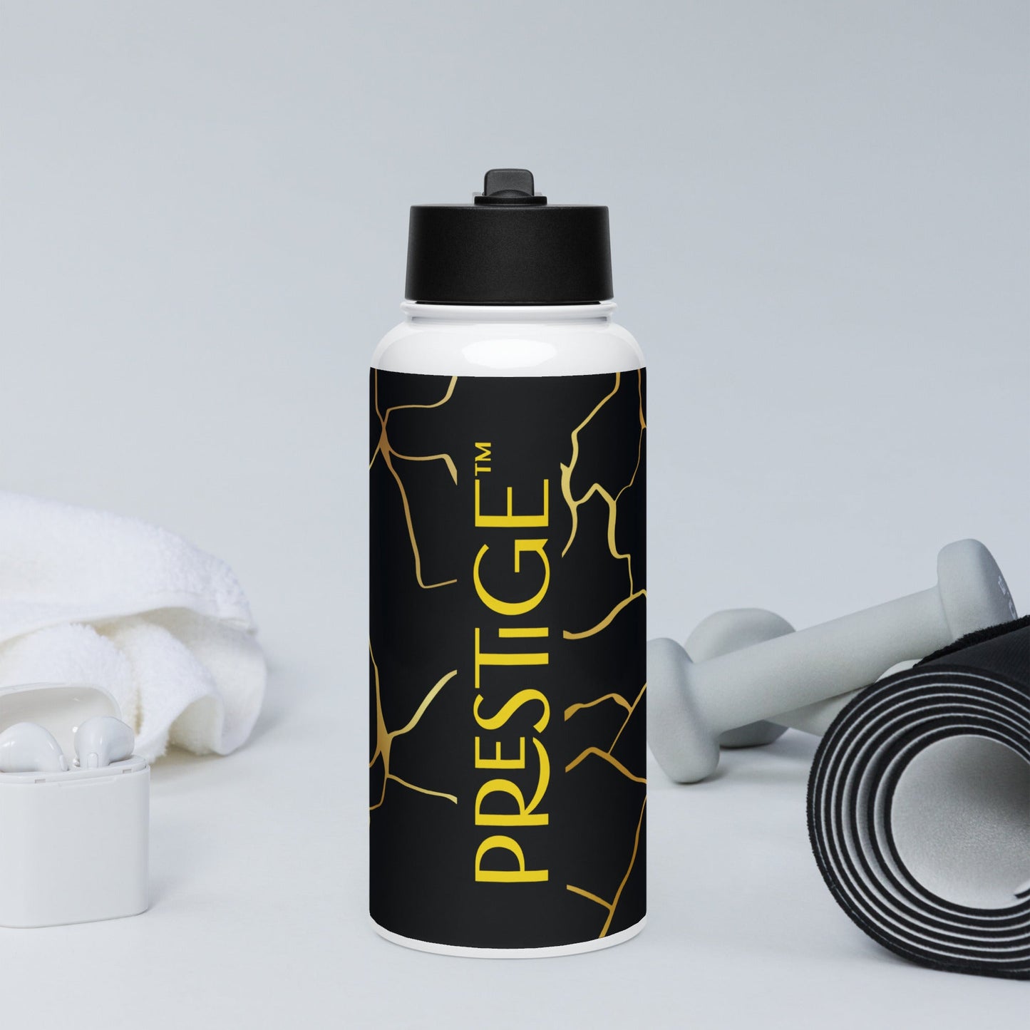 Bouteille d'eau Prestige⢠en acier inoxydable Noir et Or Filament avec paille - Prestige SXM