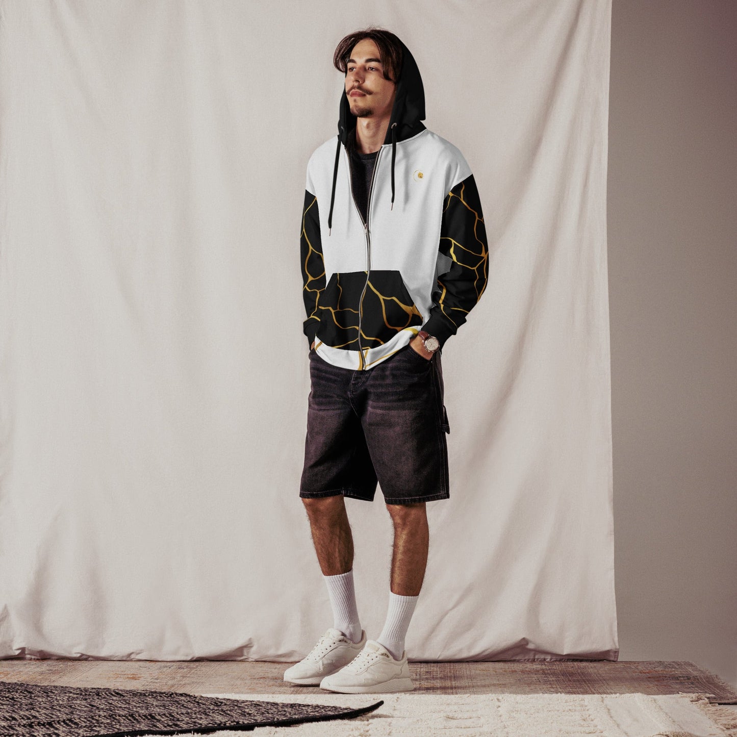 Sweat à capuche zippé unisexe Prestige™ Blanc Noir et Or Filament - Prestige SXM