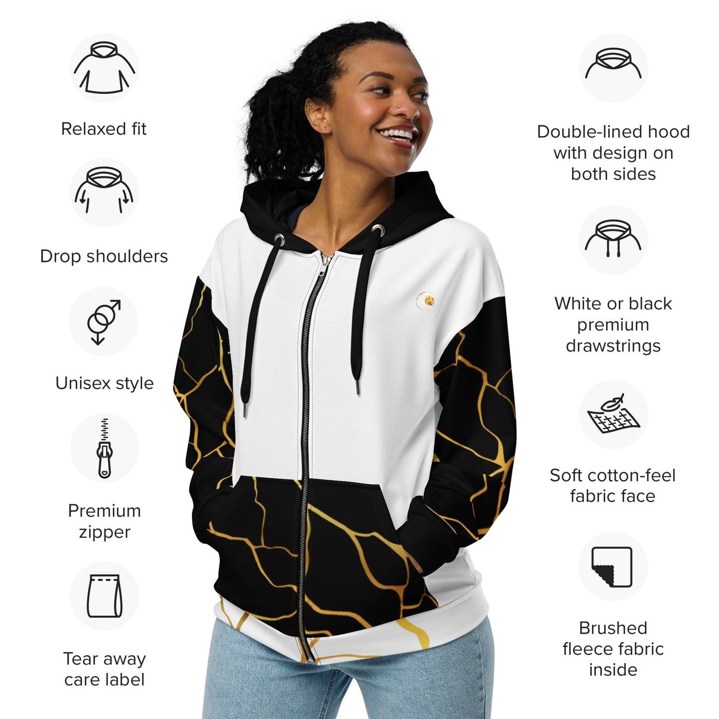 Sweat à capuche zippé unisexe Prestige™ Blanc Noir et Or Filament - Prestige SXM