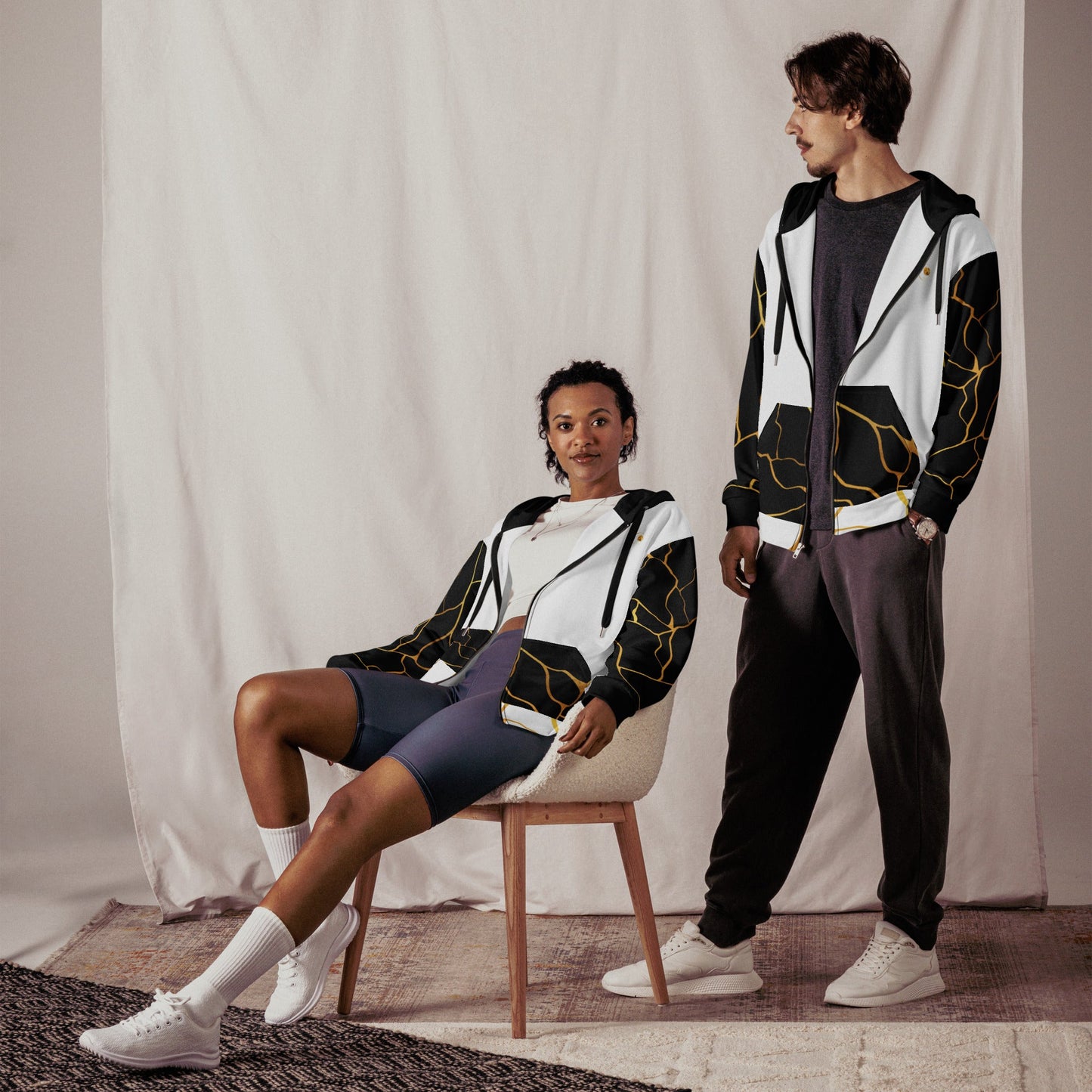 Sweat à capuche zippé unisexe Prestige™ Blanc Noir et Or Filament - Prestige SXM