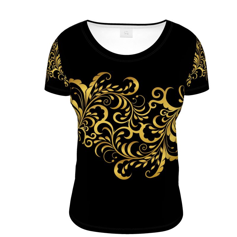 Prestige™ Flouraison U-Ausschnitt-T-Shirt in Schwarz und Gold für Damen