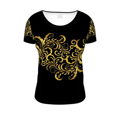 Prestige™ Flouraison U-Ausschnitt-T-Shirt in Schwarz und Gold für Damen