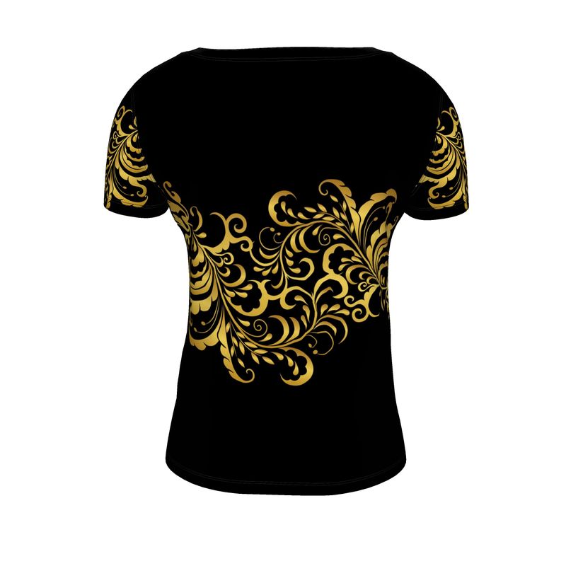 Prestige™ Flouraison U-Ausschnitt-T-Shirt in Schwarz und Gold für Damen