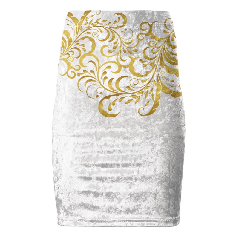 Jupe crayon de velours Prestige™ Blanc et Or Floraison