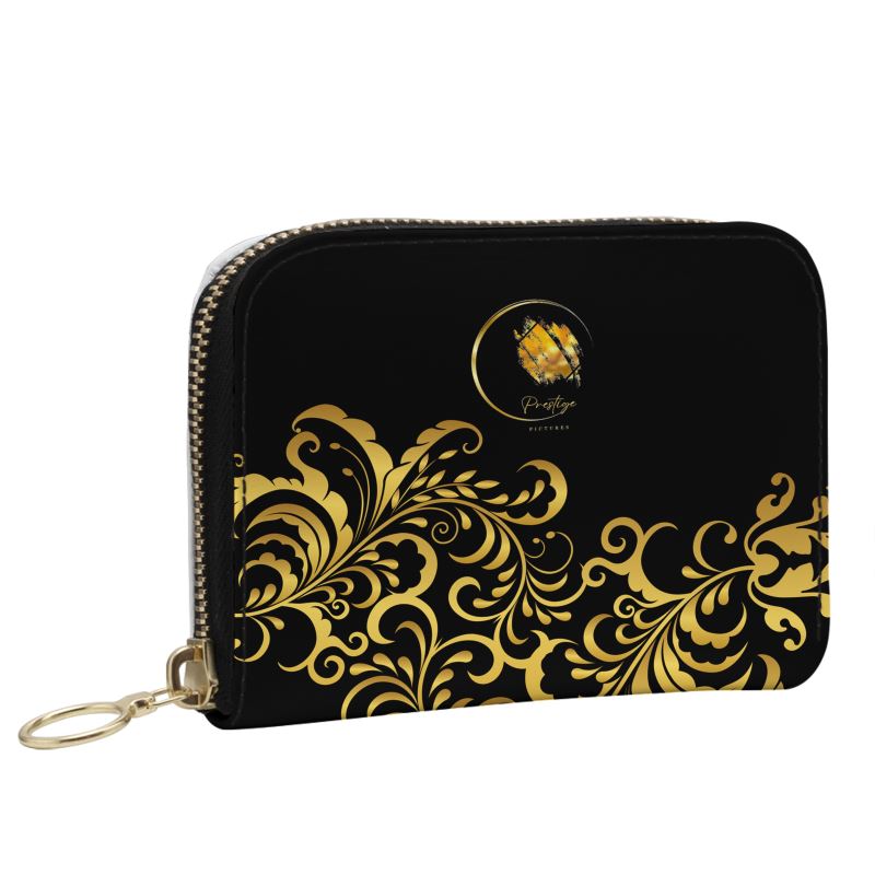 Mini porte-monnaie en Cuir Nappa à fermeture éclair Prestige™ Noir et Or Floraison