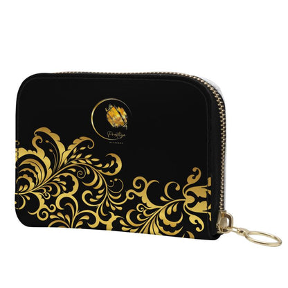 Mini porte-monnaie en Cuir Nappa à fermeture éclair Prestige™ Noir et Or Floraison