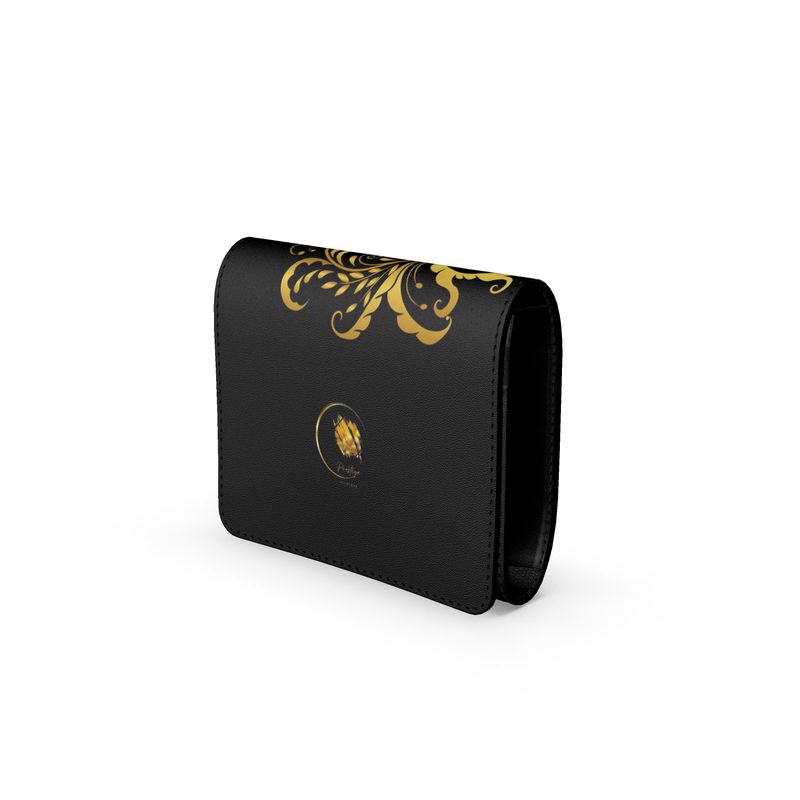 Petit porte-monnaie à rabat en Cuir Nappa Prestige™ Noir et Or Floraison