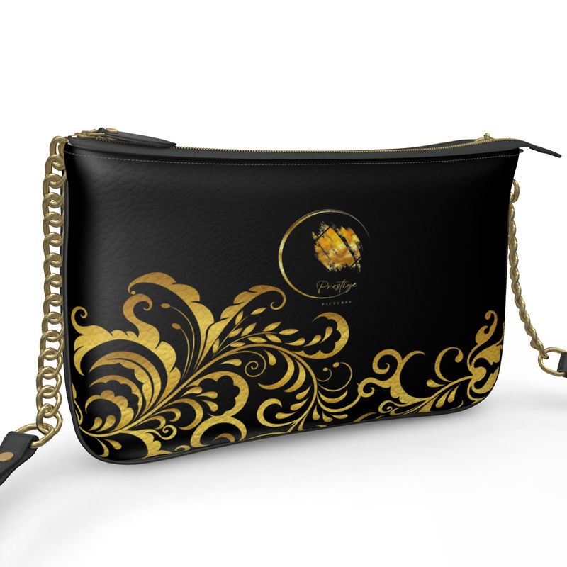 Pochette double en Cuire Nappa Prestige™ Noir et Or Floraison