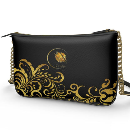 Pochette double en Cuire Nappa Prestige™ Noir et Or Floraison