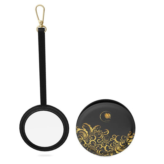 Miroir de poche en Cuir Nappa Prestige™ Noir et Or Floraison