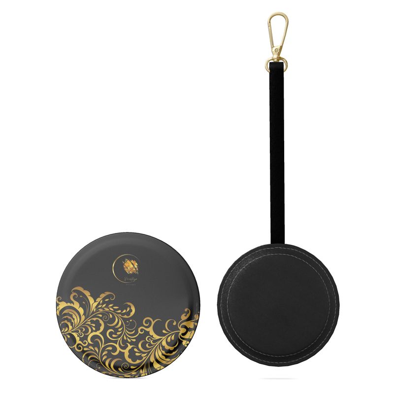 Black and Gold Floral Prestige™ Nappa Leather Pocket Mirror