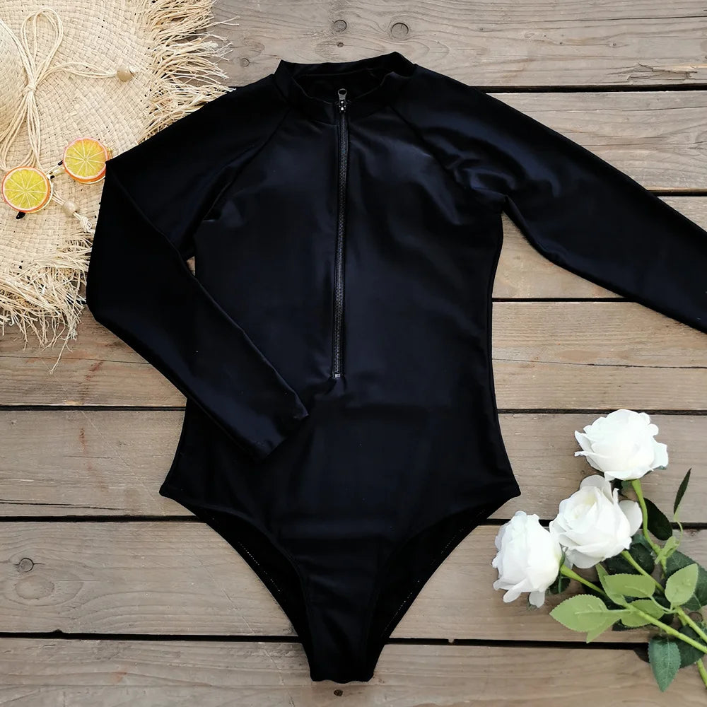 1 Piece Solid Long Sleeve Tropical Monokini