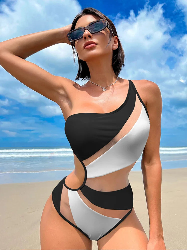 Monokini Sexy à épissures creuses Noir et Blanc