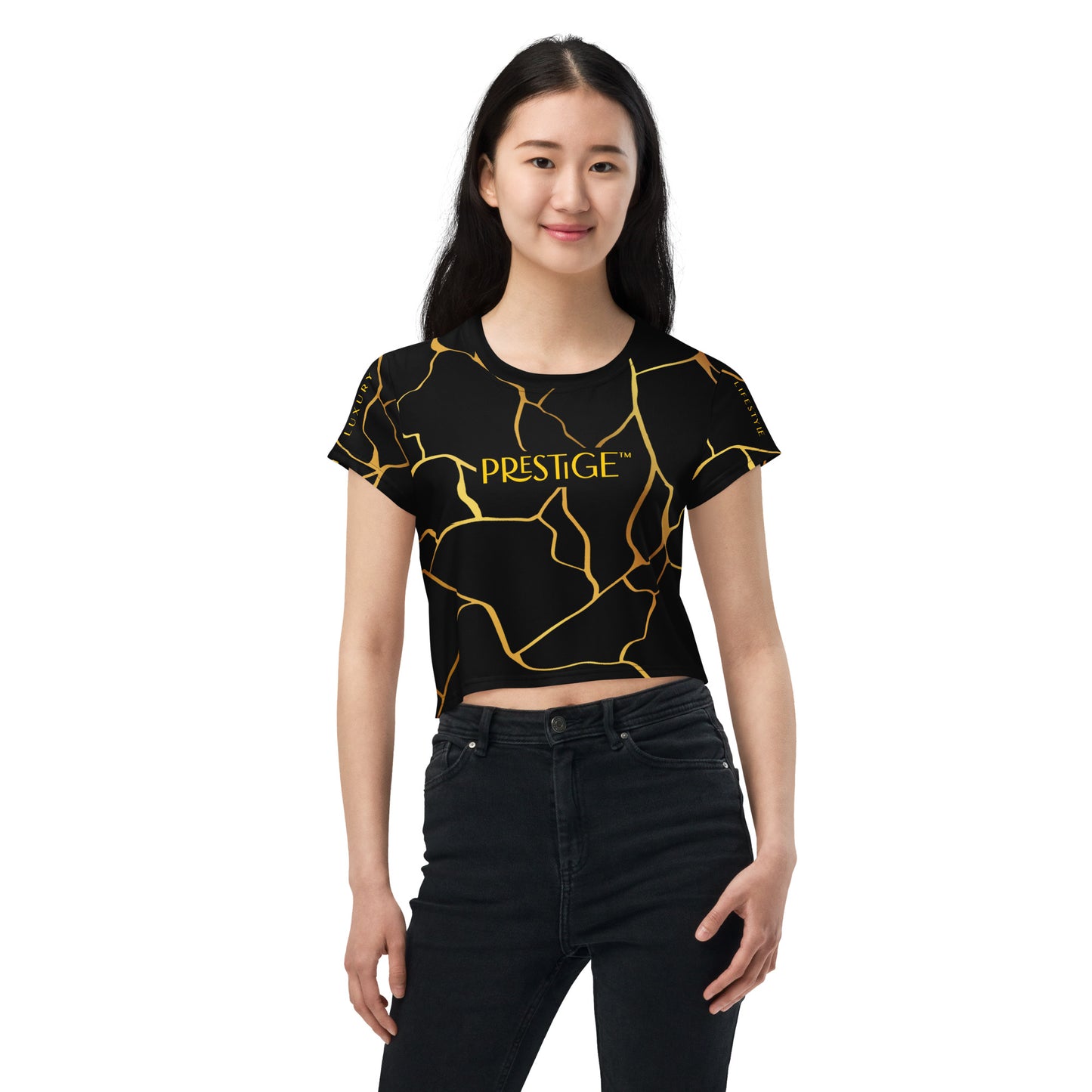 Prestige™ Schwarz-Gold-Filament-Crop-Top-T-Shirt