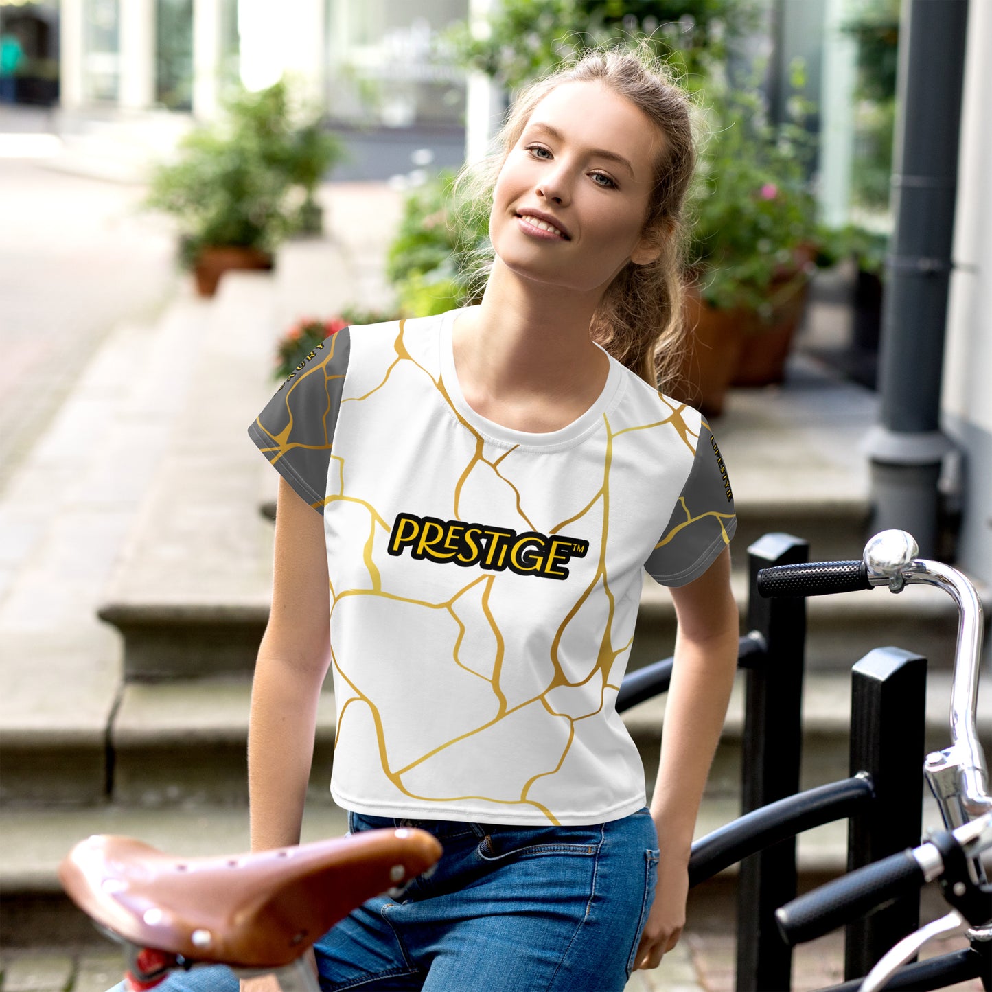 Prestige™ White Silver &amp; Gold Filament Crop-Top T-Shirt