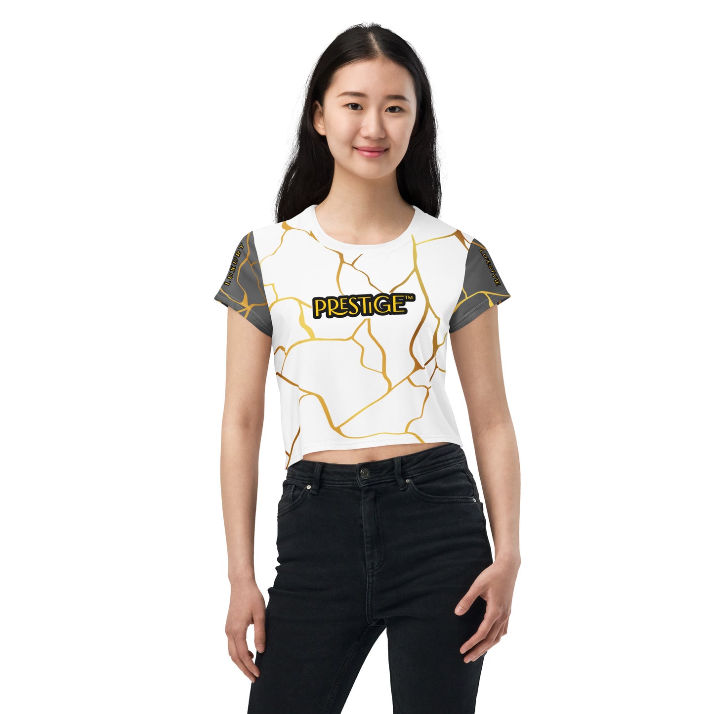 Prestige™ White Silver &amp; Gold Filament Crop-Top T-Shirt