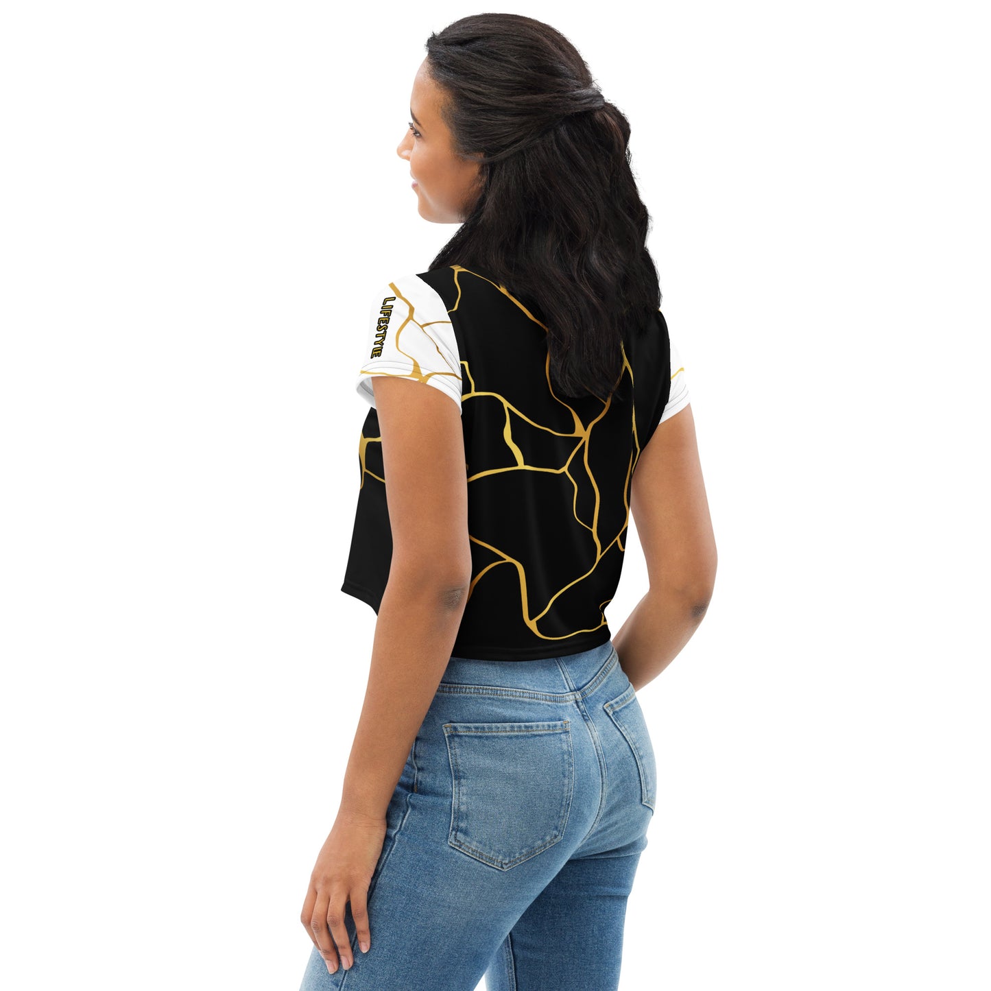 Prestige™ Crop-Top T-Shirt Black White &amp; Gold Filament