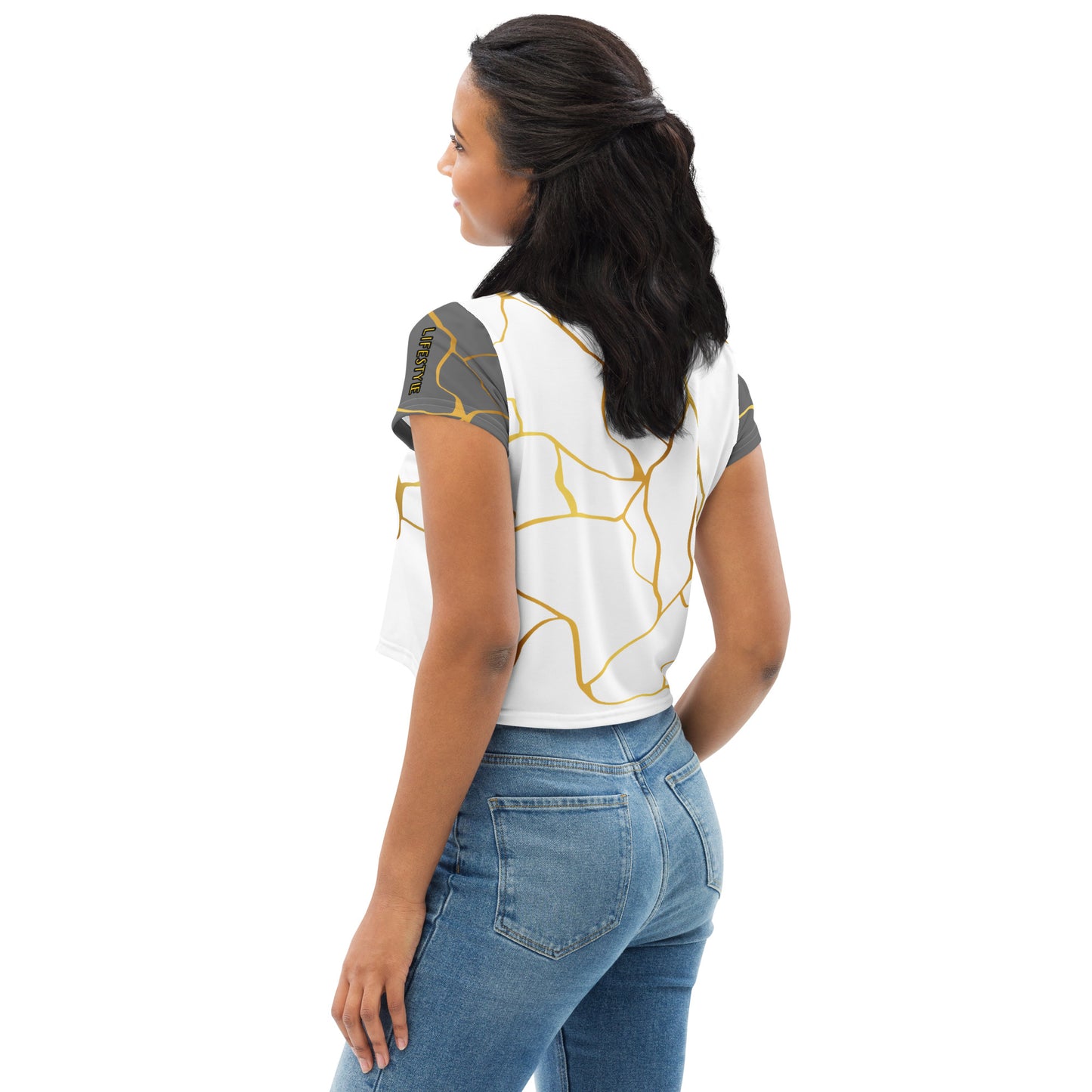 Prestige™ White Silver &amp; Gold Filament Crop-Top T-Shirt