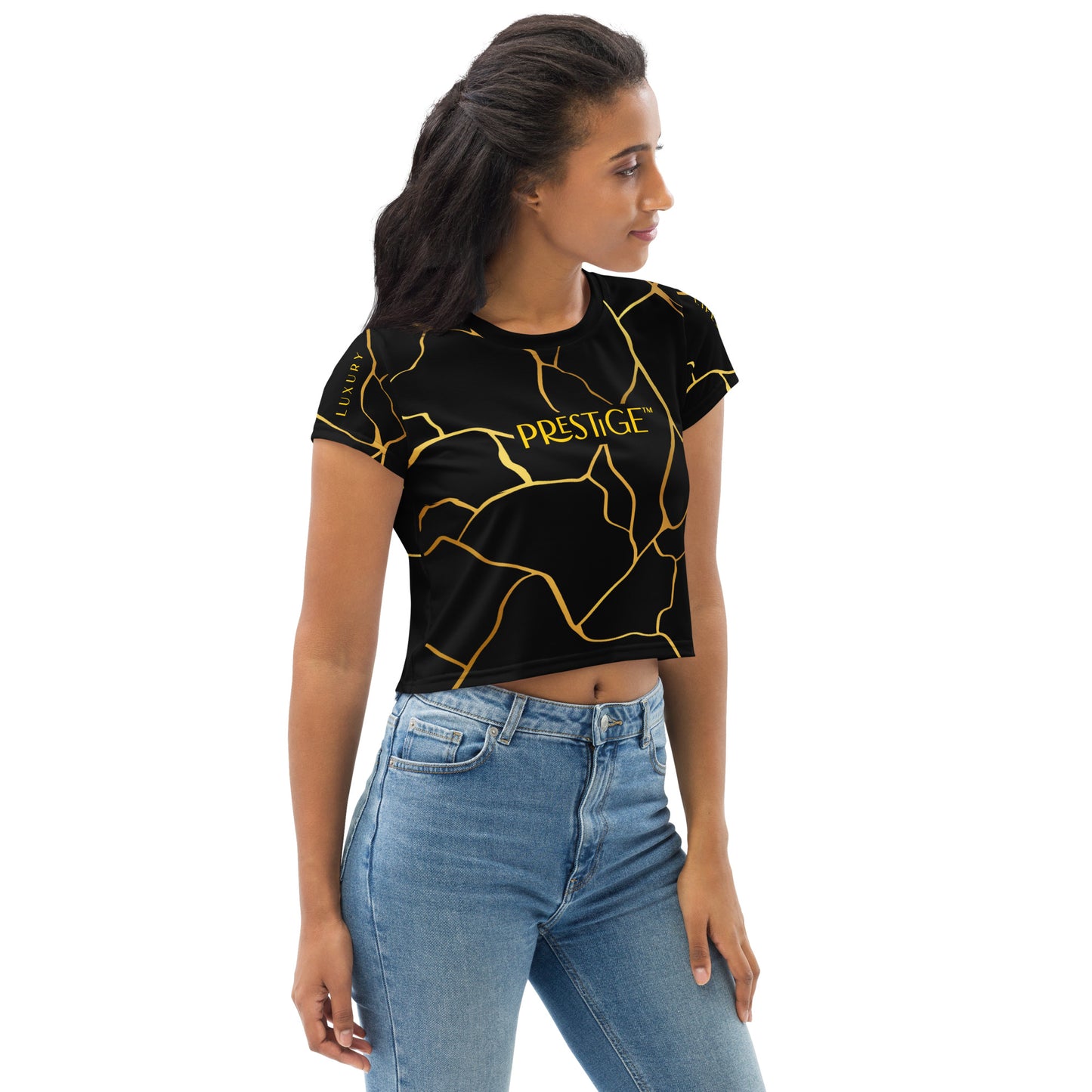 Prestige™ Schwarz-Gold-Filament-Crop-Top-T-Shirt