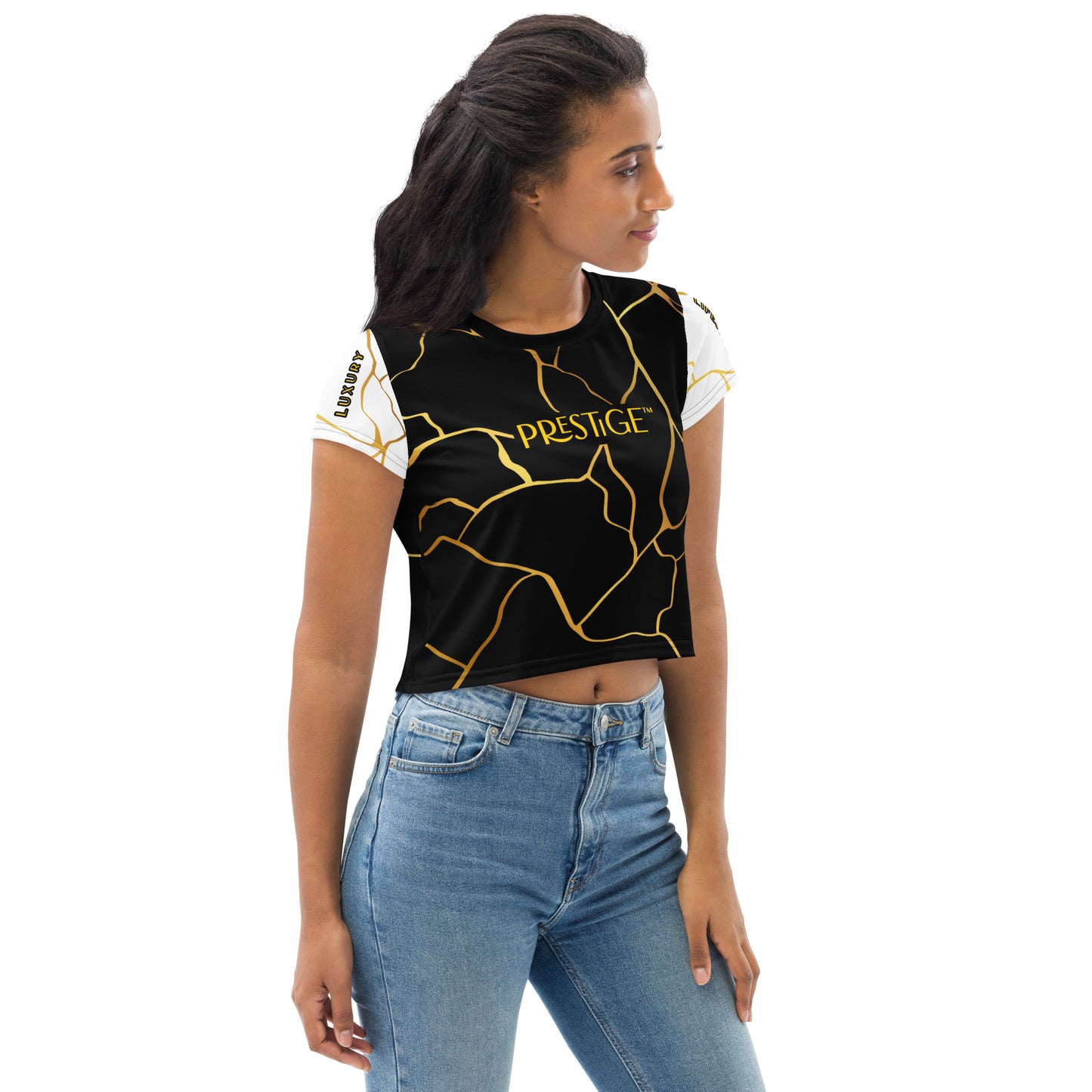 Prestige™ Crop-Top T-Shirt Black White &amp; Gold Filament