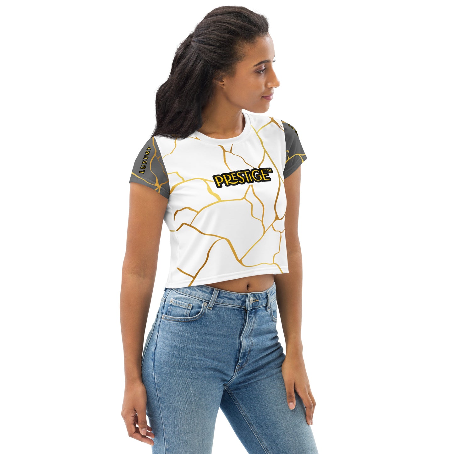 Prestige™ White Silver &amp; Gold Filament Crop-Top T-Shirt