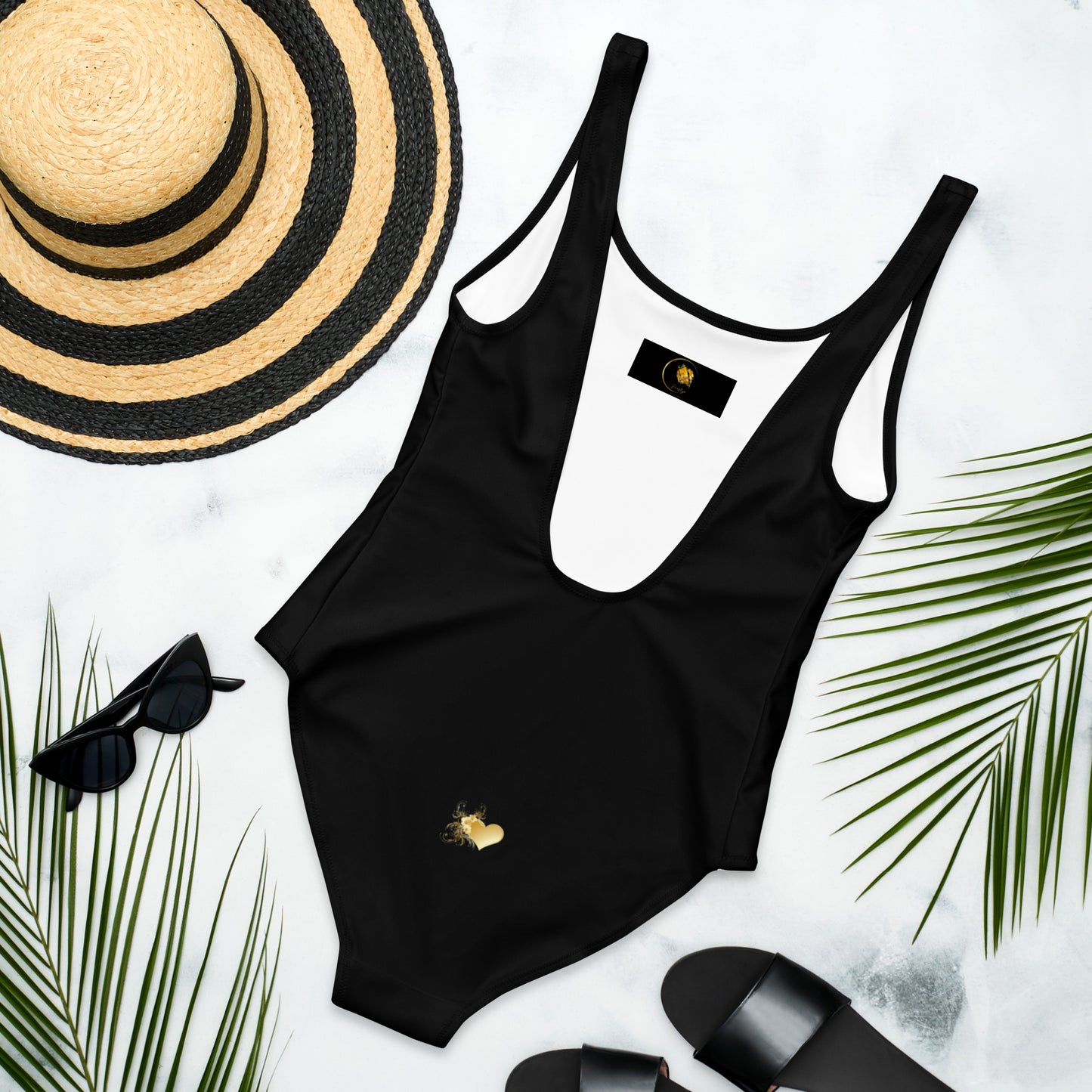 Prestige™ Pure Black One-Piece Swimsuit with Heart of Gold