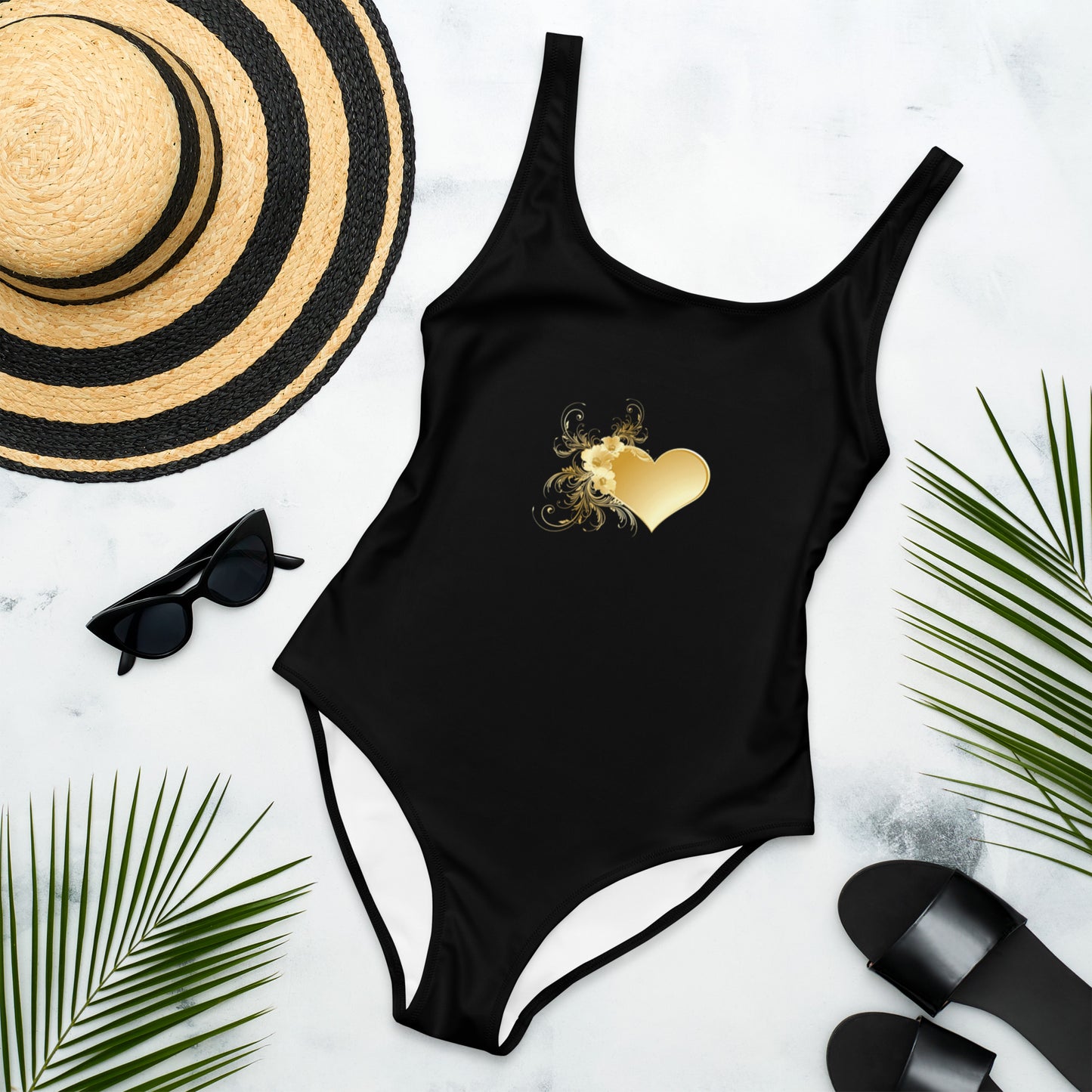 Prestige™ Pure Black One-Piece Swimsuit with Heart of Gold