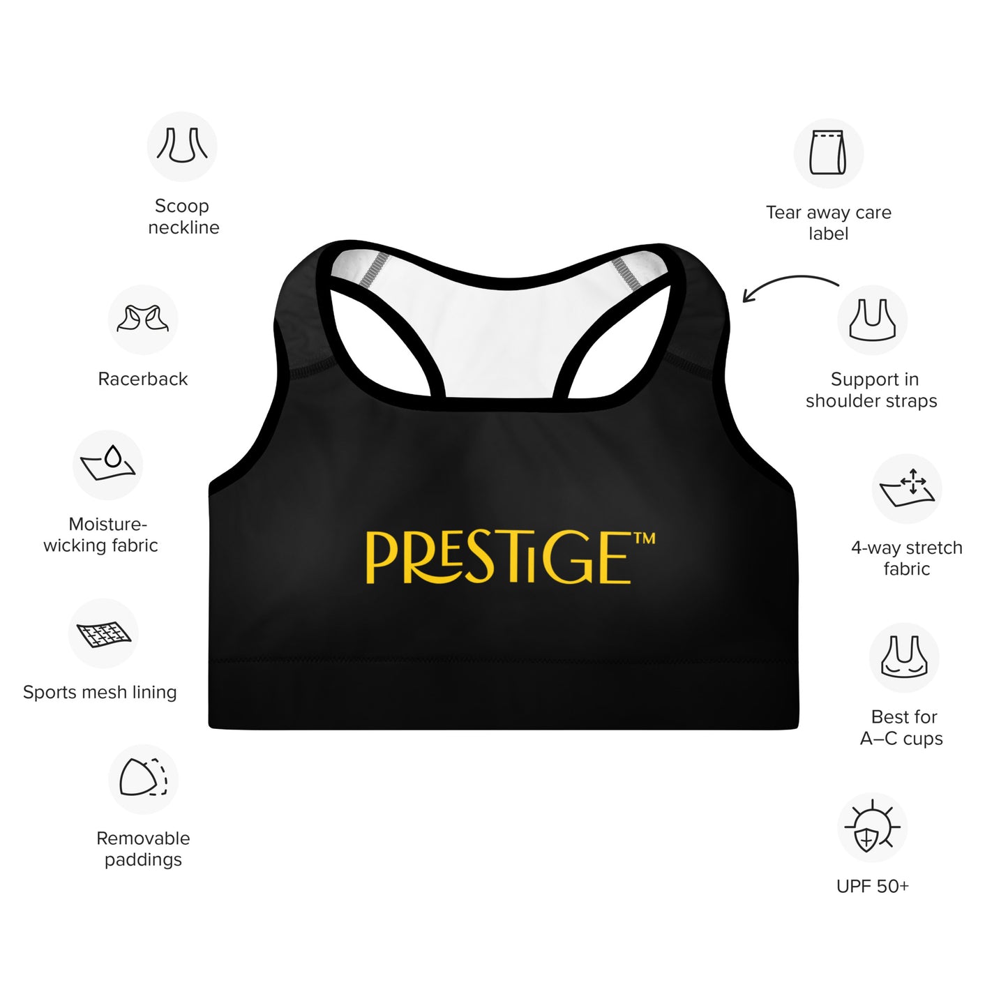 Prestige™ Padded Sports Bra Black and Gold DRAGON