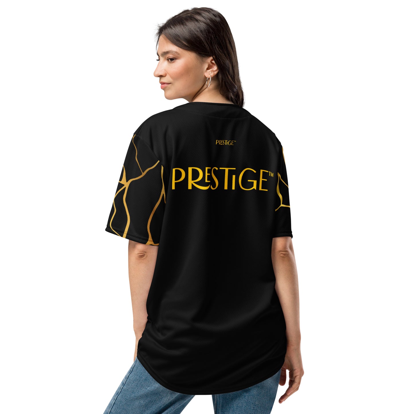 Prestige™ recyceltes Baseball-Trikot aus schwarzem und goldenem Filament