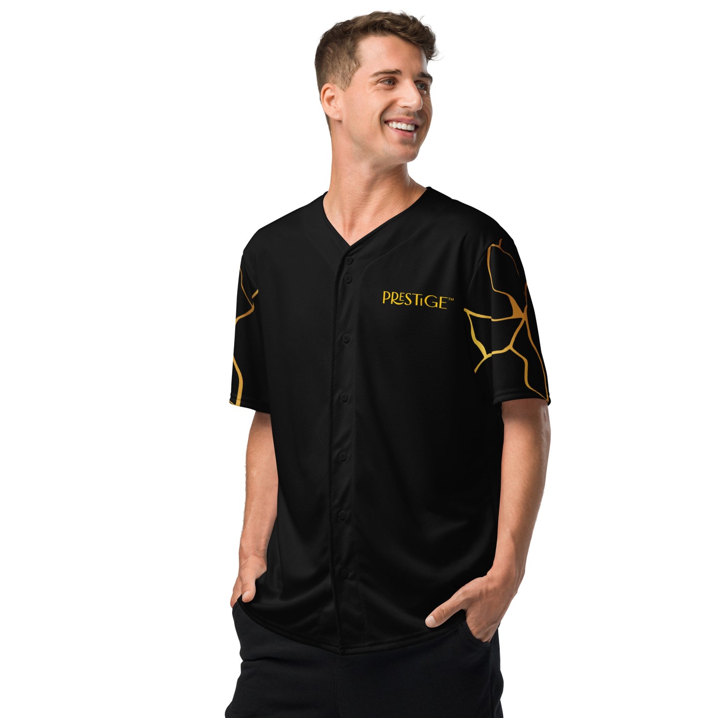 Prestige™ recyceltes Baseball-Trikot aus schwarzem und goldenem Filament