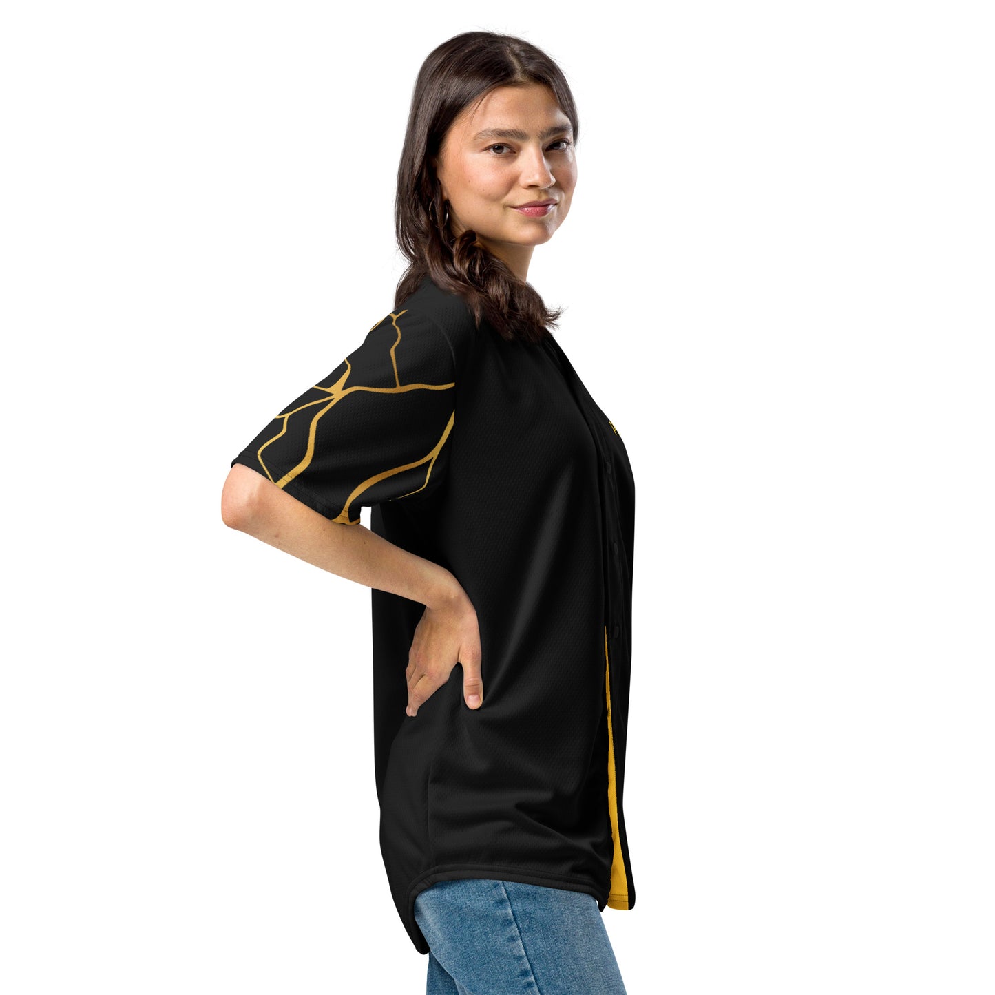 Prestige™ recyceltes Baseball-Trikot aus schwarzem und goldenem Filament