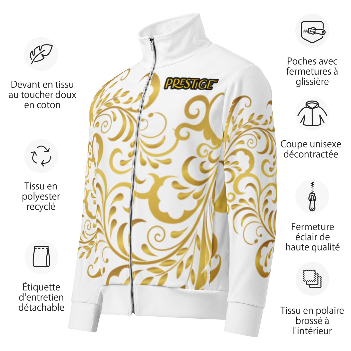 Unisex-Trainingsjacke mit Blümchenmuster in Weiß und Gold