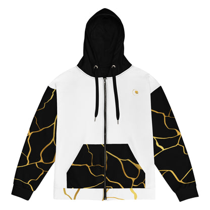 Prestige™ Weiß-Schwarz-Gold-Filament-Unisex-Kapuzenpullover mit Reißverschluss