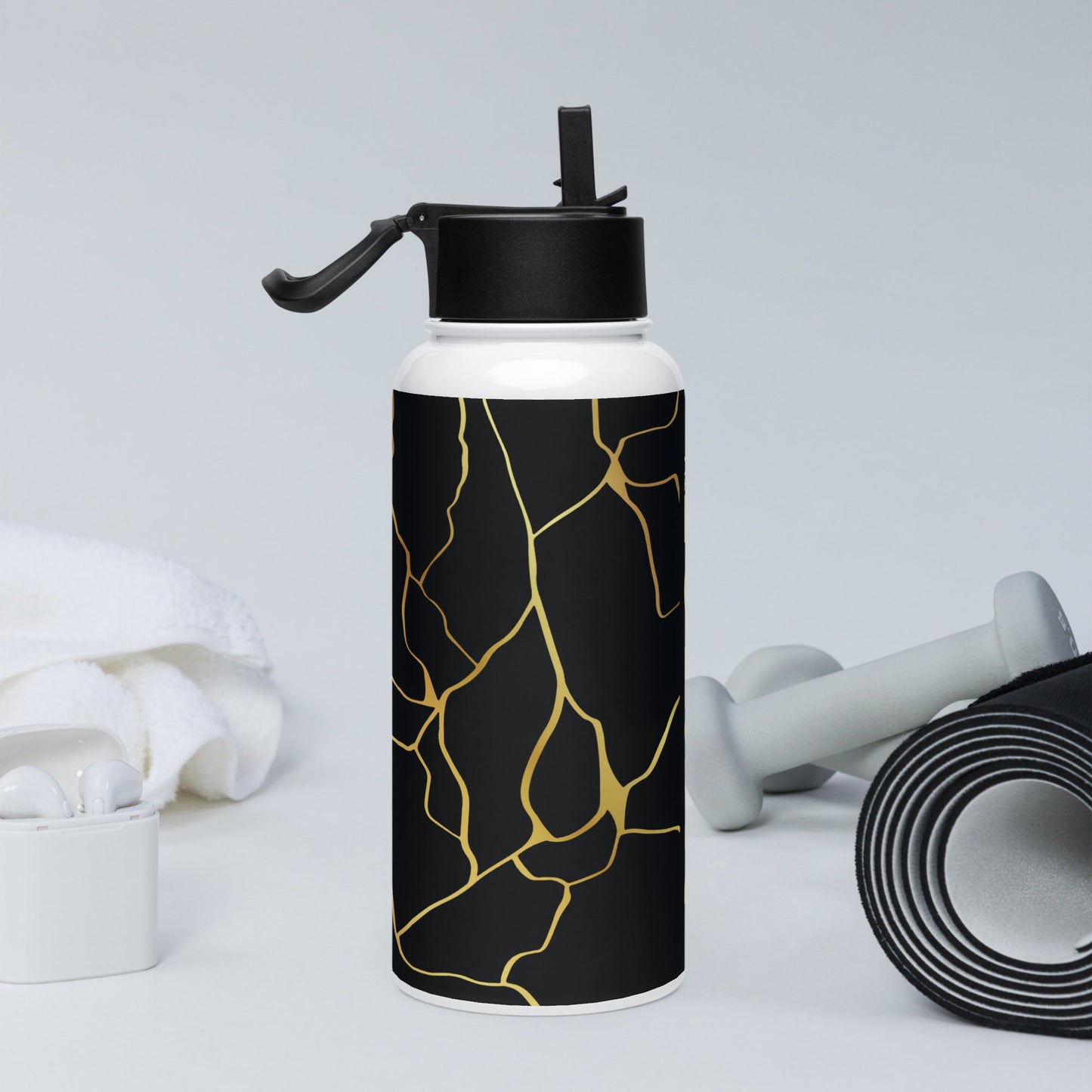 Bouteille d'eau Prestige™ en acier inoxydable Noir et Or Filament avec paille - Prestige SXM