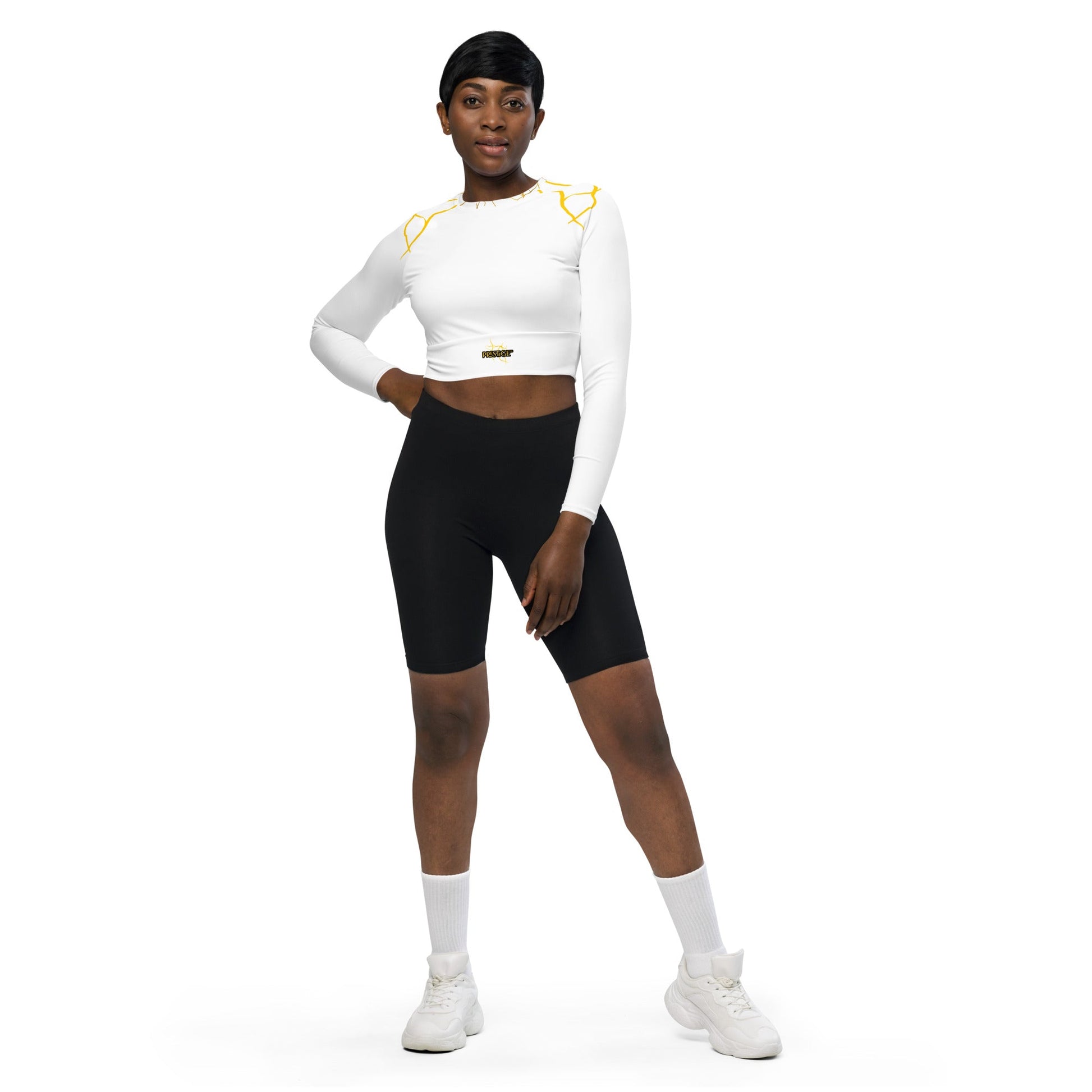 Crop Top Prestige™ haut court à Manches Longues "Capitaine" Blanc et Or - Prestige SXM