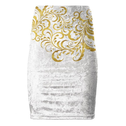 Jupe crayon de velours Prestige™ Blanc et Or Floraison - Prestige SXM