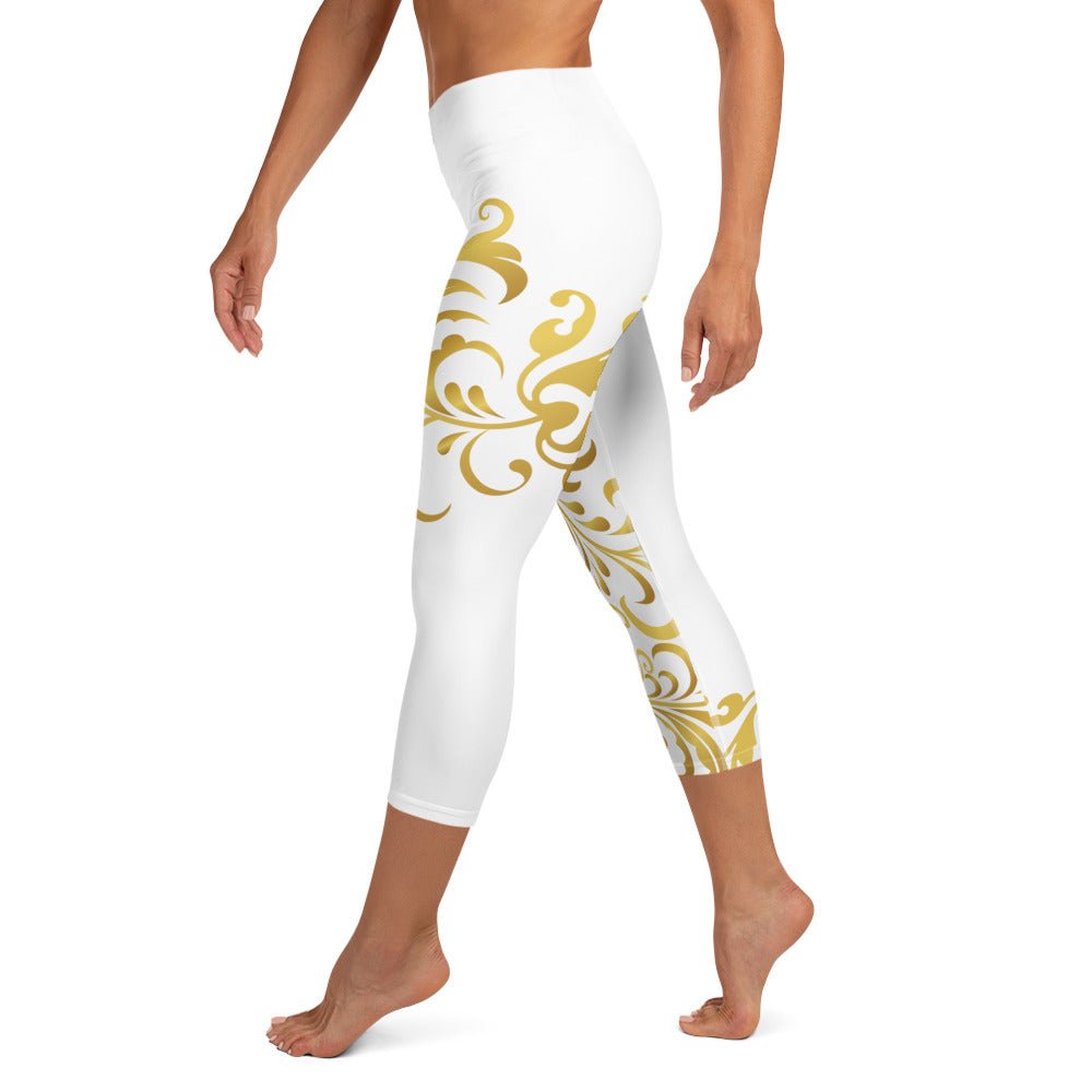 Legging de Yoga Court Prestige™ Blanc et Or Floraison - Prestige SXM