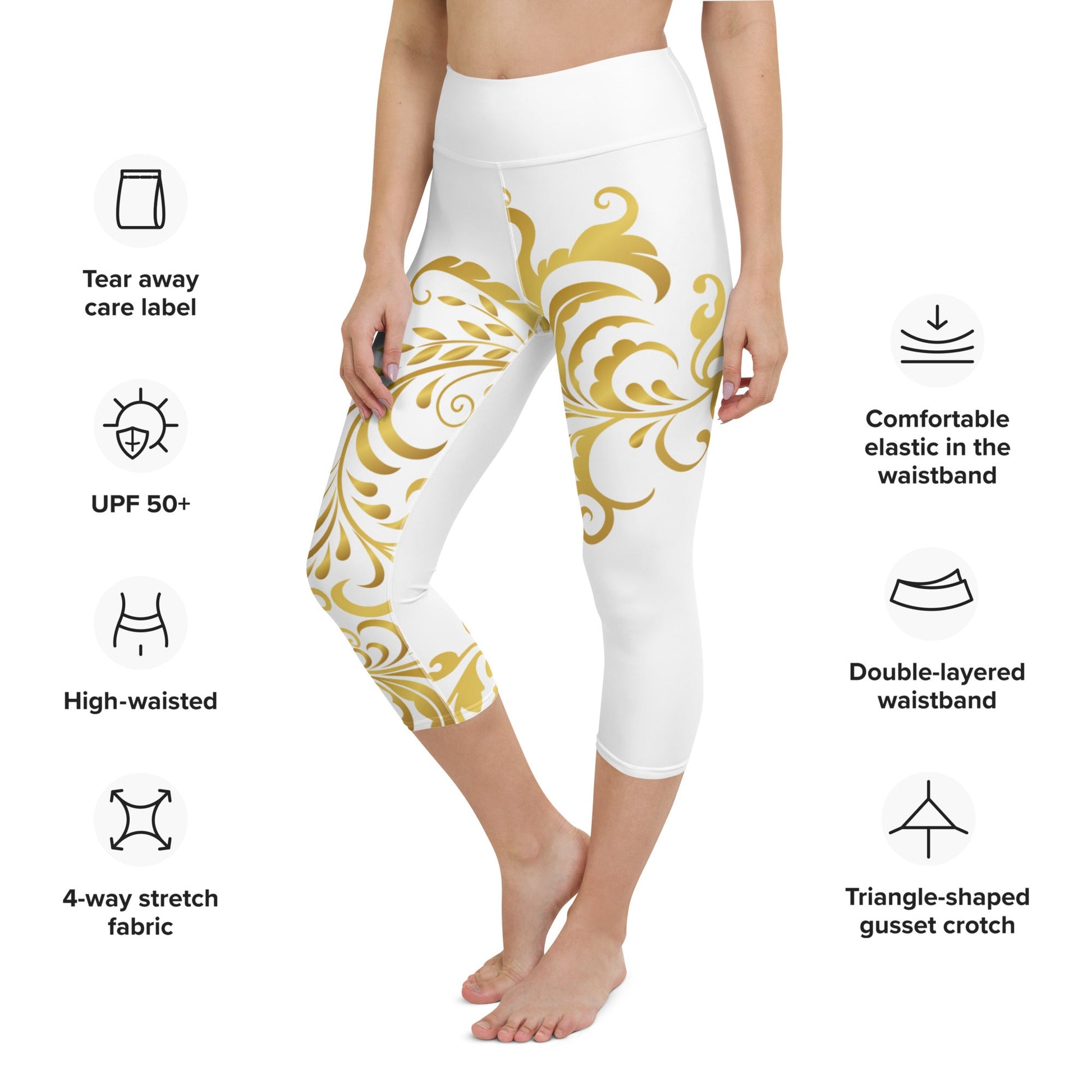 Legging de Yoga Court Prestige™ Blanc et Or Floraison - Prestige SXM