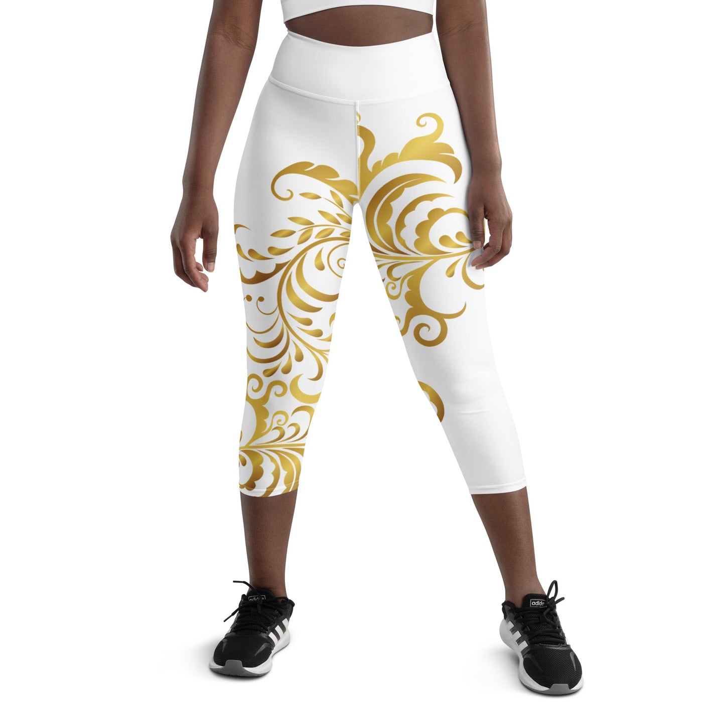 Legging de Yoga Court Prestige™ Blanc et Or Floraison - Prestige SXM