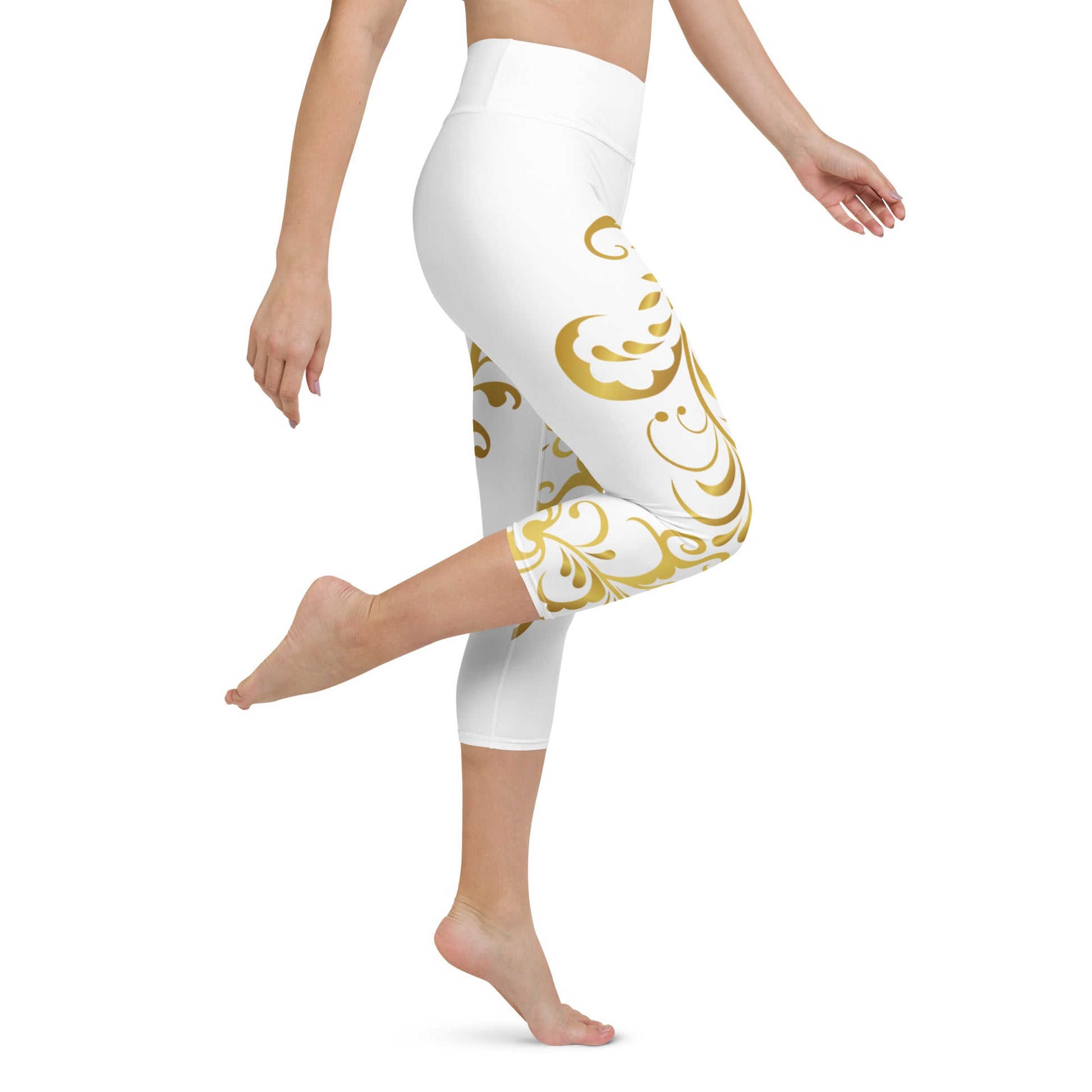 Legging de Yoga Court Prestige™ Blanc et Or Floraison - Prestige SXM