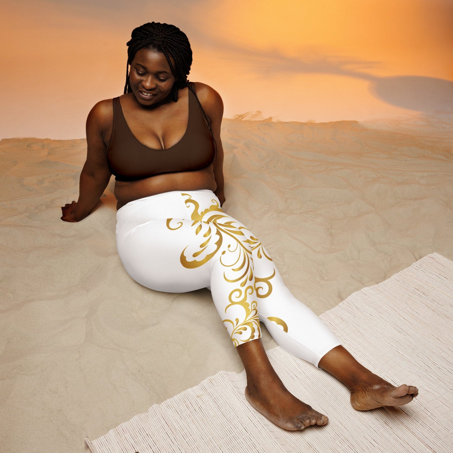 Legging de Yoga Court Prestige™ Blanc et Or Floraison - Prestige SXM