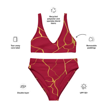 Maillot de bain 2 pièces éco - responsable taille haute Prestige™ Filament Vin et Or - Prestige SXM