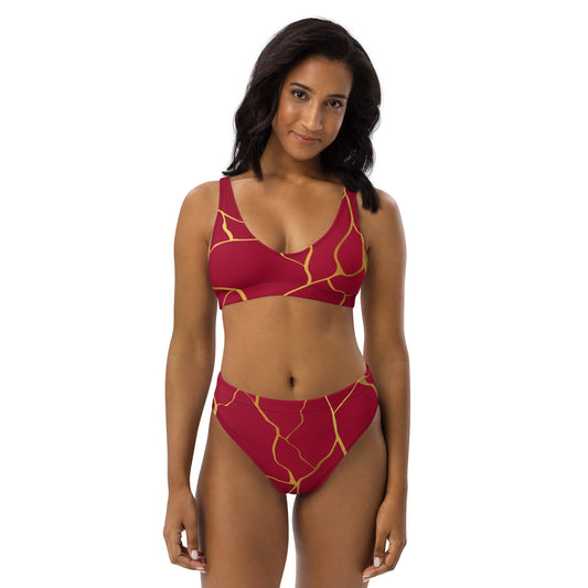 Maillot de bain 2 pièces éco - responsable taille haute Prestige™ Filament Vin et Or - Prestige SXM