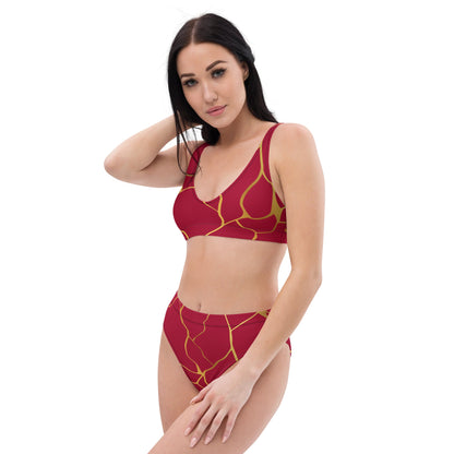 Maillot de bain 2 pièces éco - responsable taille haute Prestige™ Filament Vin et Or - Prestige SXM