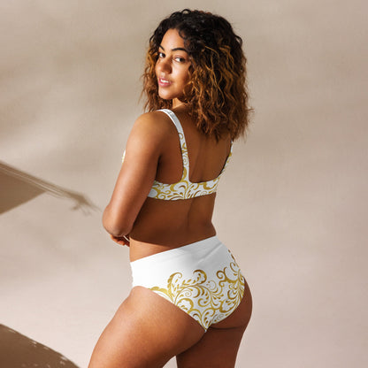 Maillot de bain 2 pièces éco - responsable taille haute Prestige™ Floraison Blanc et Or - Prestige SXM