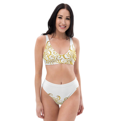 Maillot de bain 2 pièces éco - responsable taille haute Prestige™ Floraison Blanc et Or - Prestige SXM