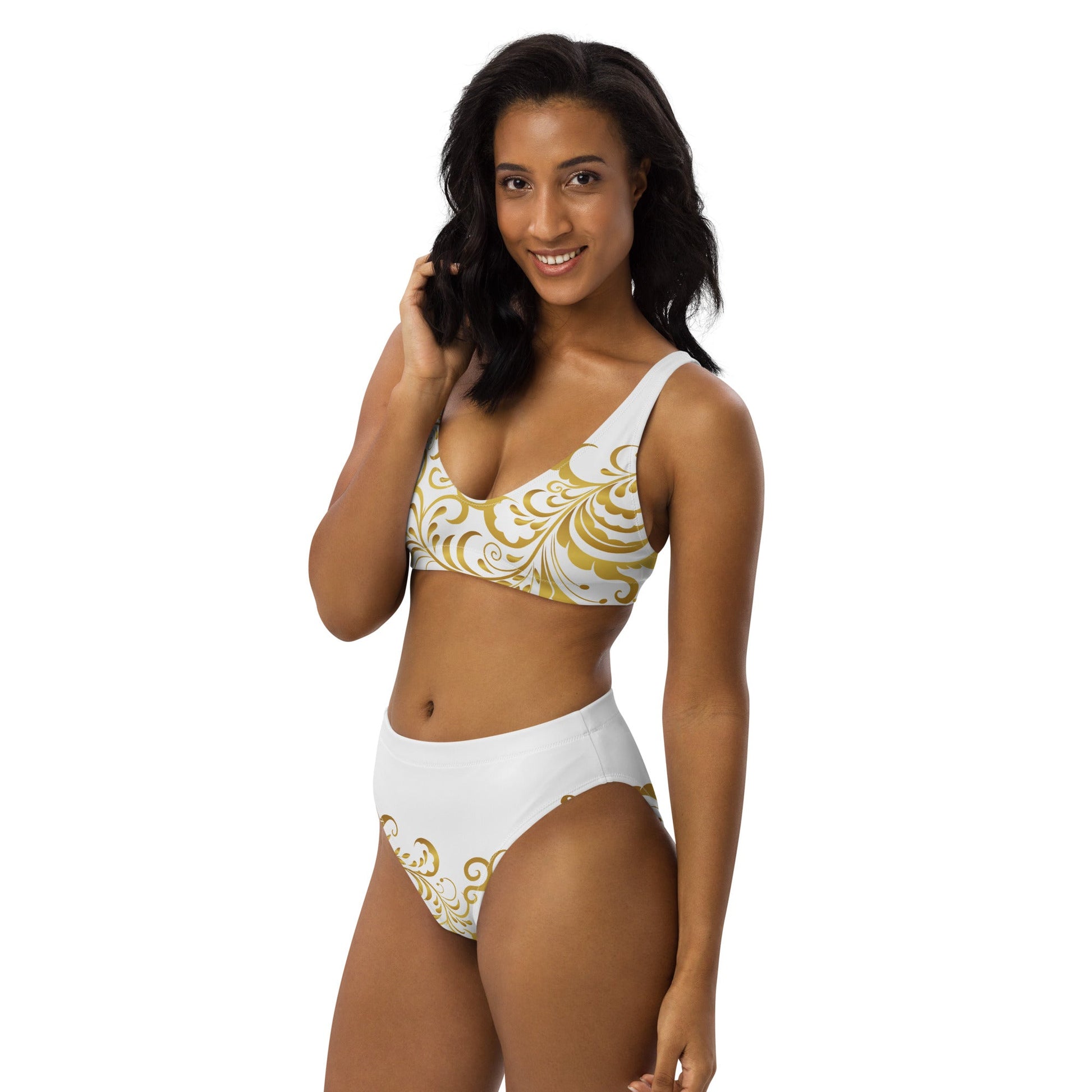 Maillot de bain 2 pièces éco - responsable taille haute Prestige™ Floraison Blanc et Or - Prestige SXM