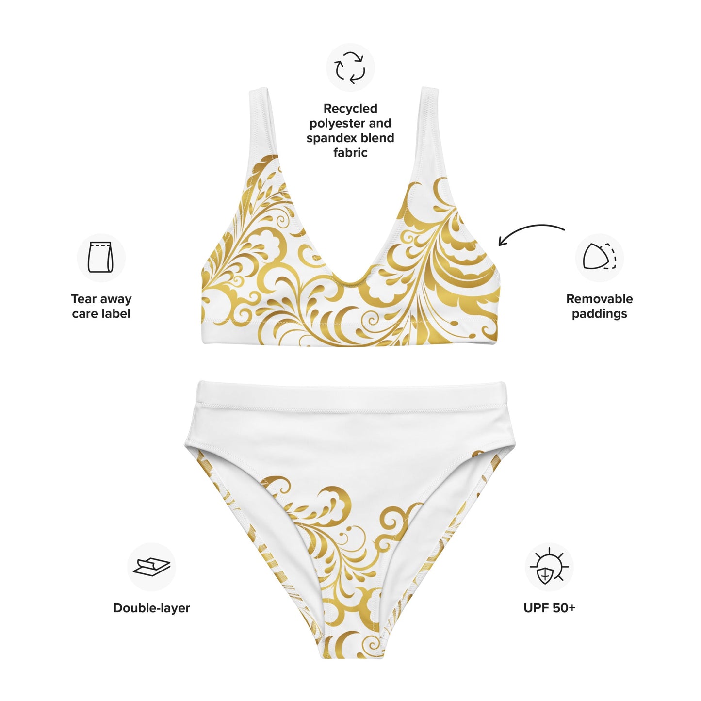 Maillot de bain 2 pièces éco - responsable taille haute Prestige™ Floraison Blanc et Or - Prestige SXM